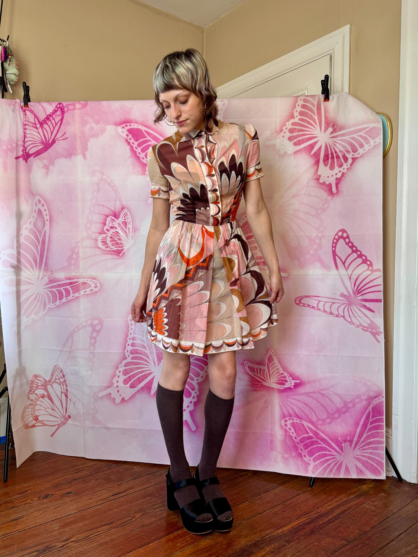 1960s Emilio Pucci Pink-Orange-Brown Psychedelic Printed Cotton Short Sleeve Dress