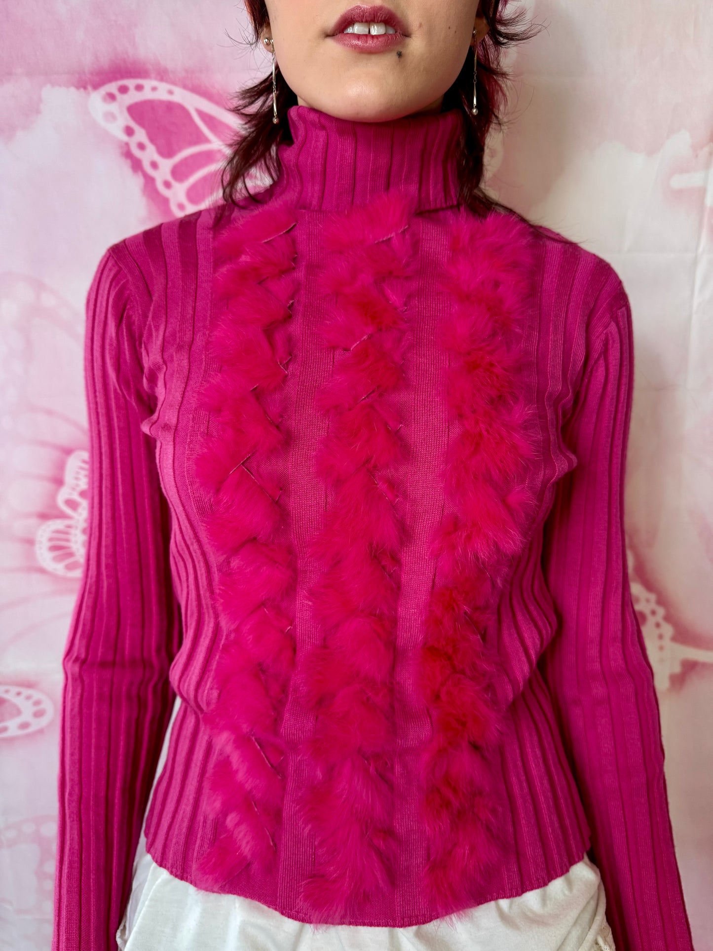 Y2K Ribbed Turtleneck w Rabbit Fur