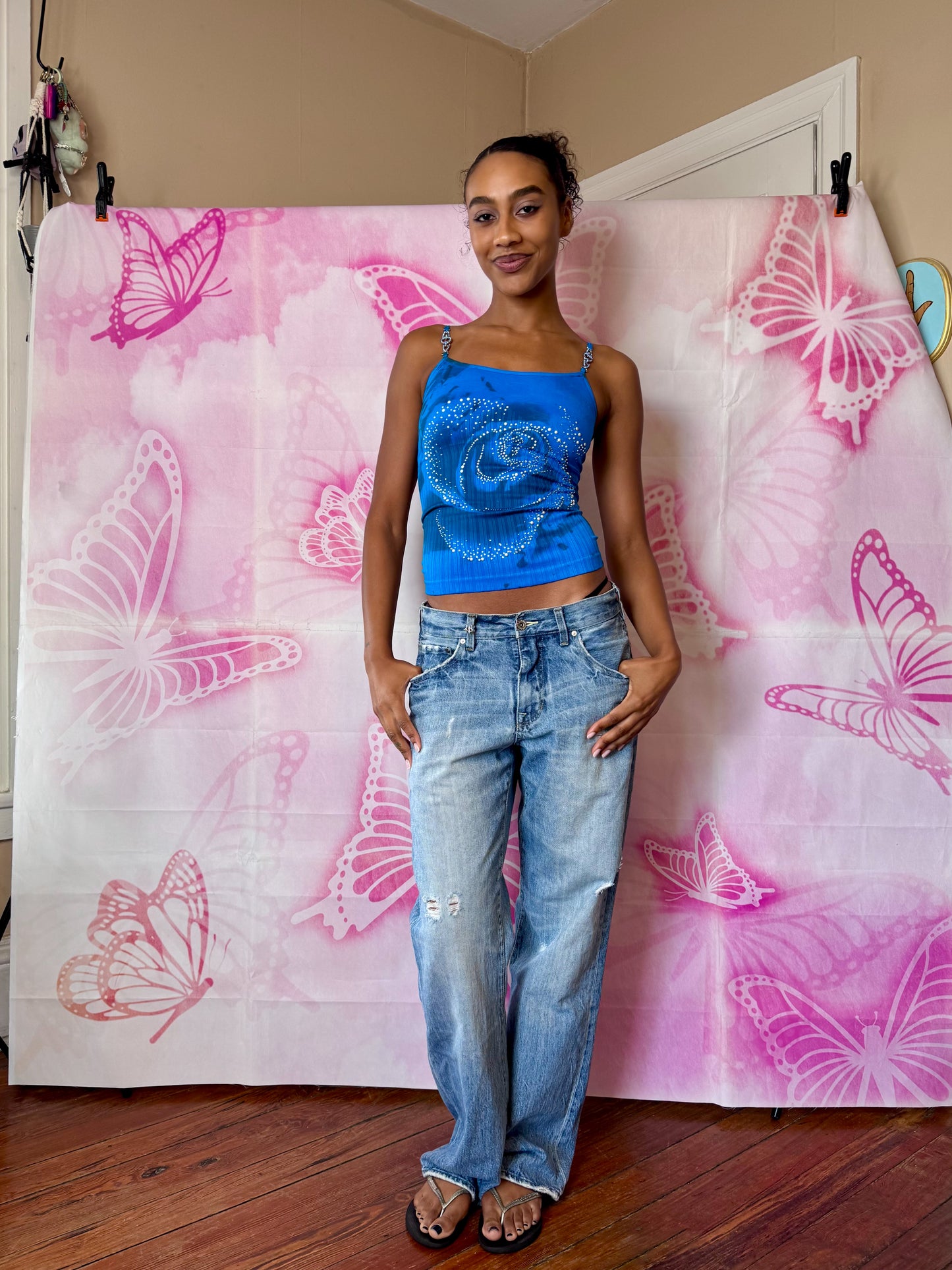 Y2K Deadstock Beadazzled Rose Cami in Blue