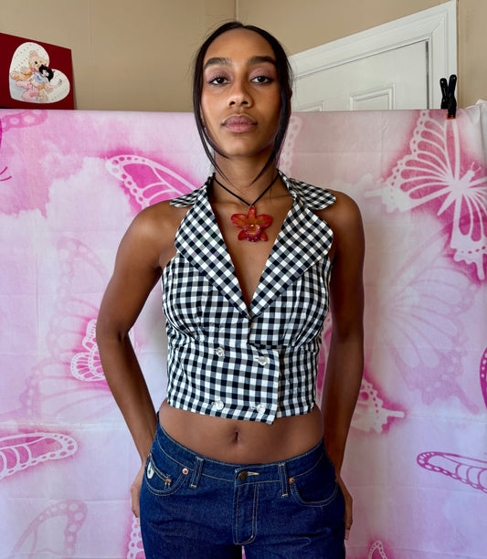 70s Double Breasted Gingham Cropped Halter