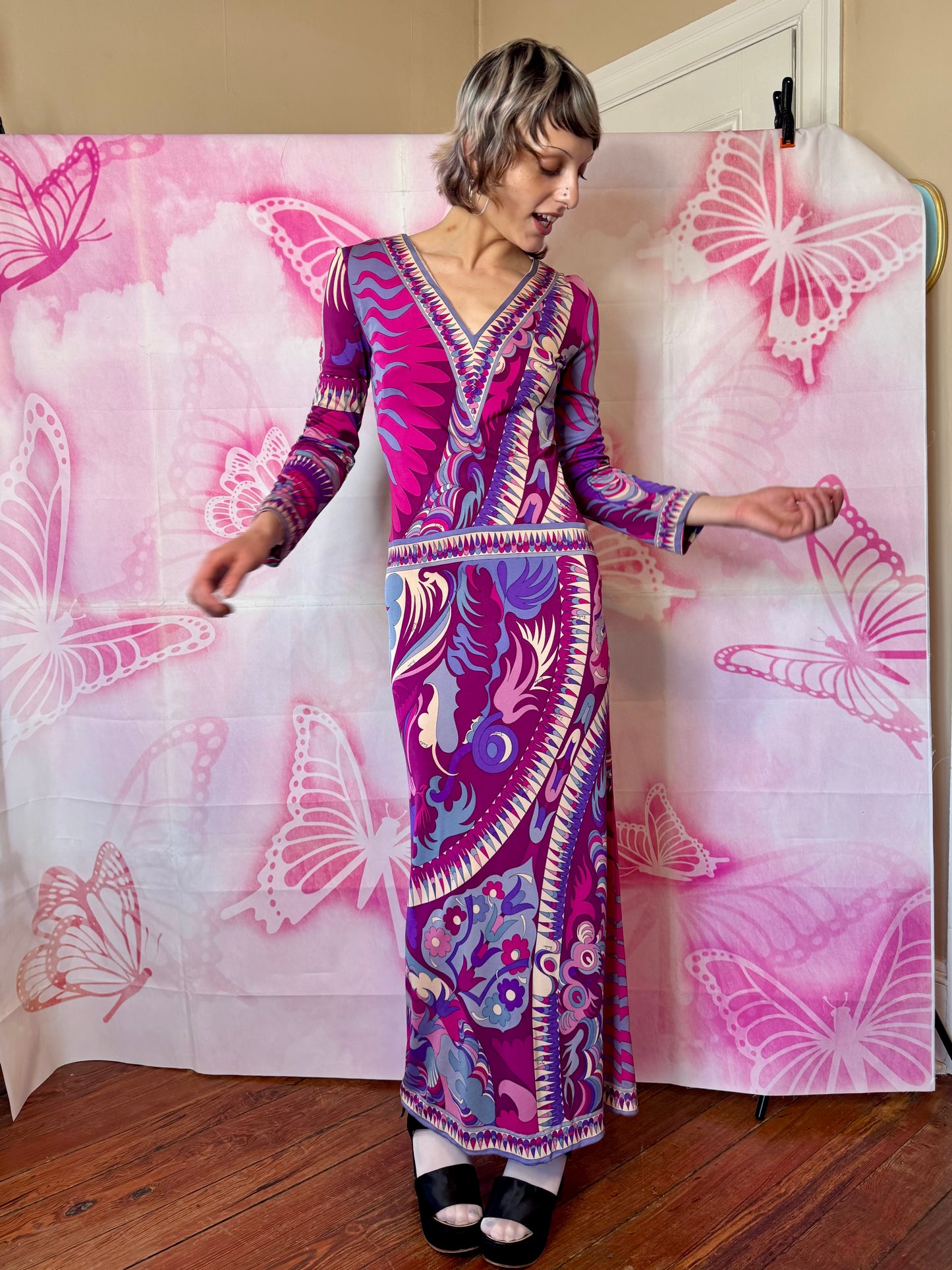 1960s Emilio Pucci Art Nouveau Purple Print Drop Waist Maxi Dress