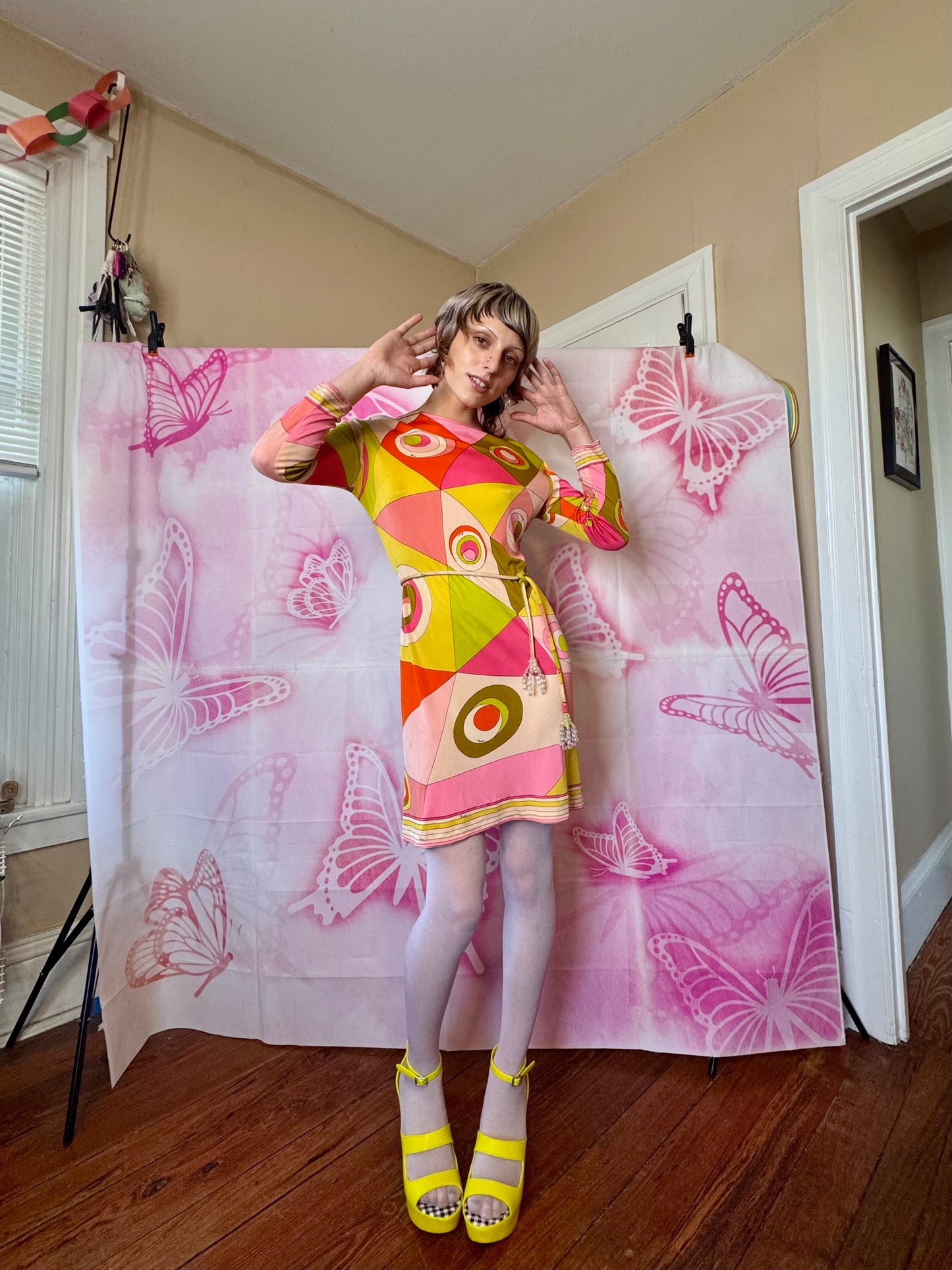 εϊз COMING SOON εϊз 1960s Emilio Pucci Geometric Circle Print Silk Jersey Shift Dress w Cord Crystal Belt