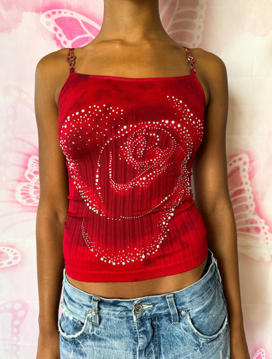 Y2K Deadstock Beadazzled Rose Cami in Red