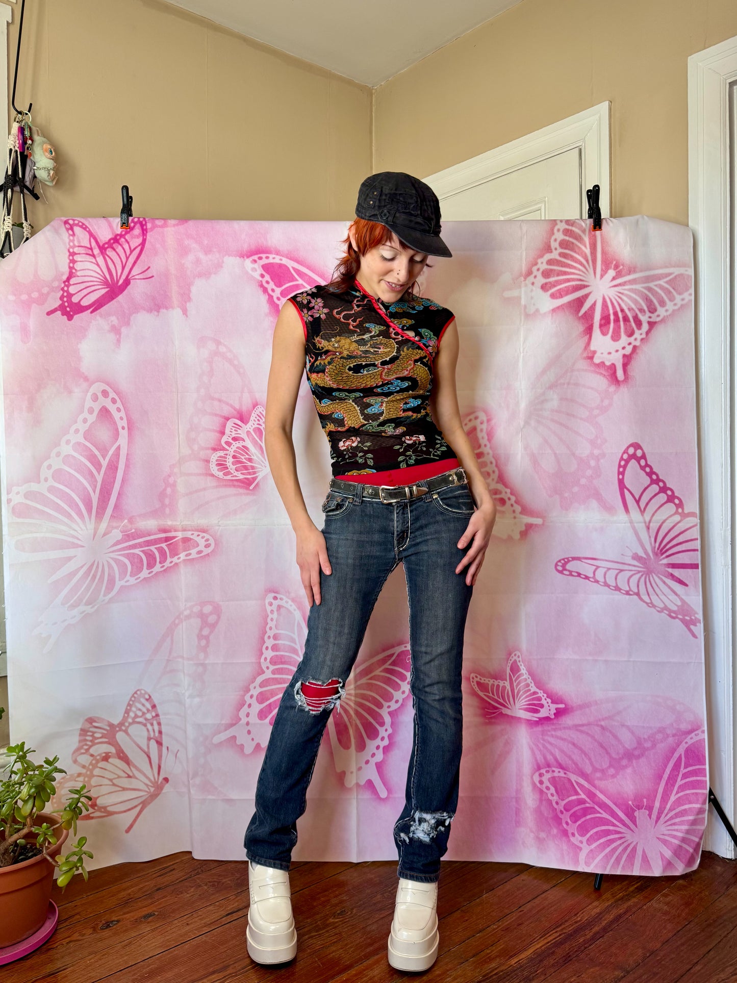 Y2K Mesh Dragon Fitted Top