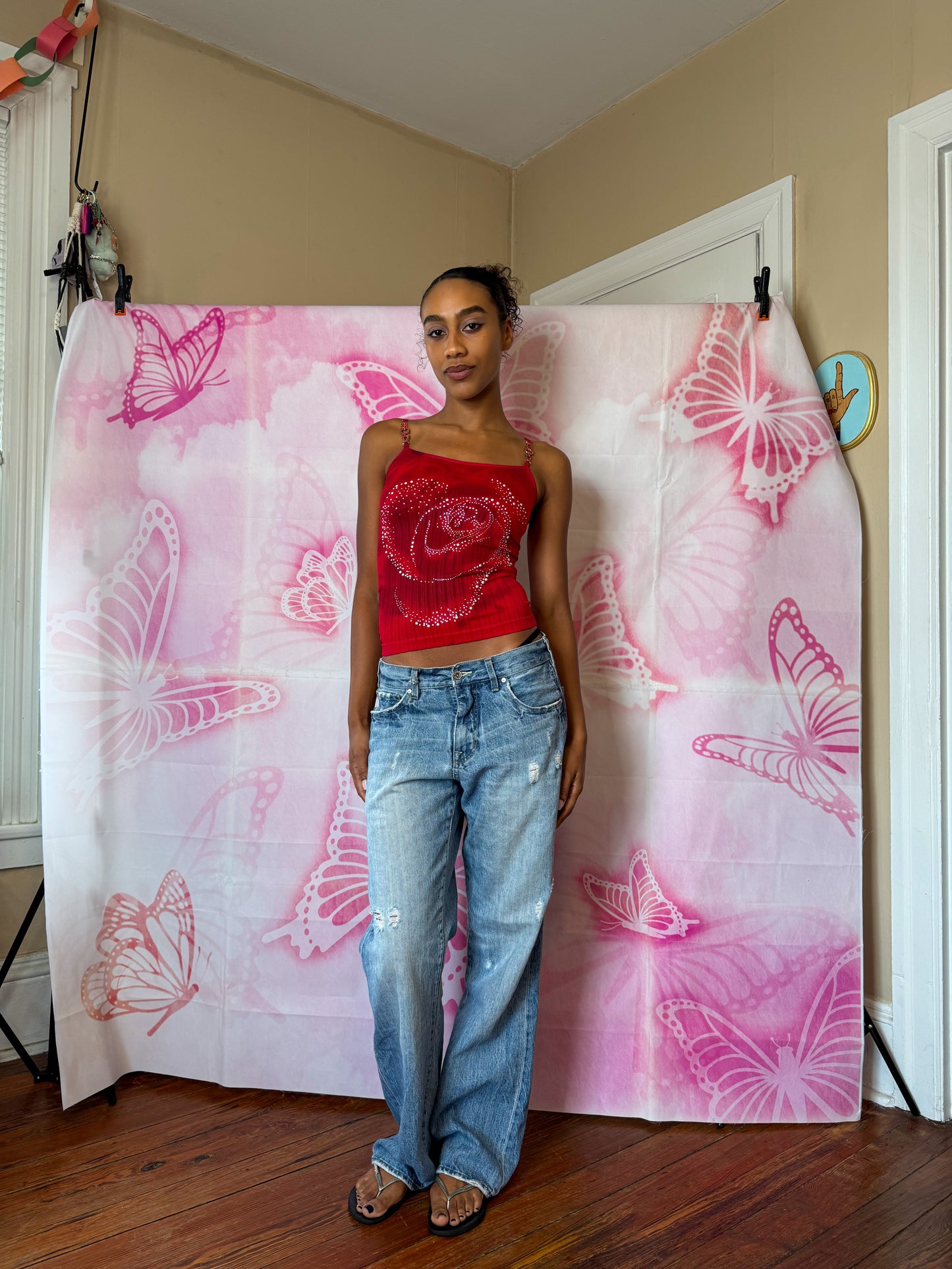 Y2K Deadstock Beadazzled Rose Cami in Red