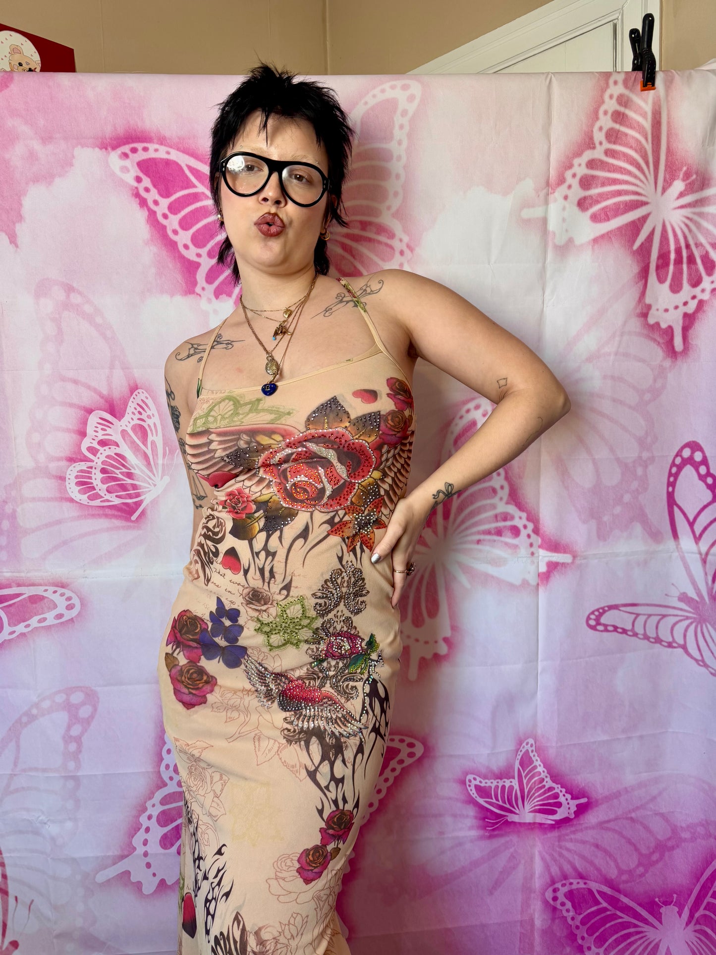 Y2K Tribal Tattoo Embellished Mesh Maxi