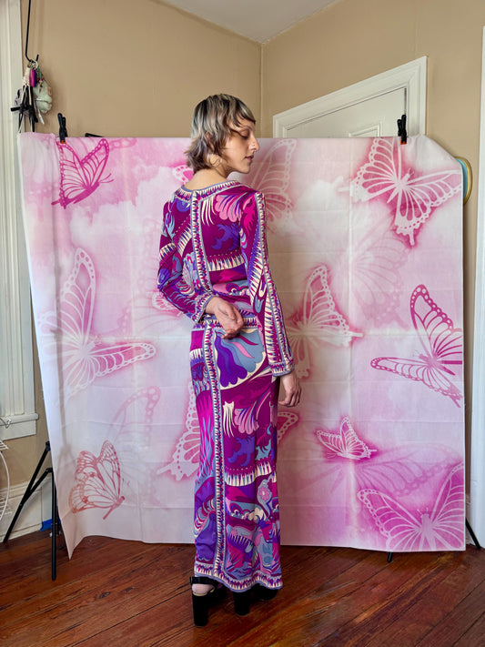 1960s Emilio Pucci Art Nouveau Purple Print Drop Waist Maxi Dress