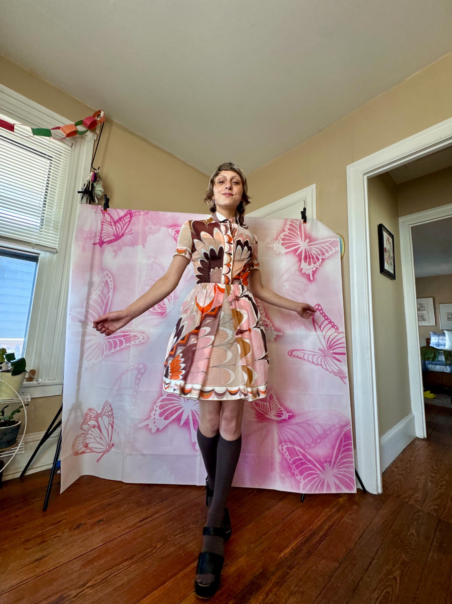 1960s Emilio Pucci Pink-Orange-Brown Psychedelic Printed Cotton Short Sleeve Dress