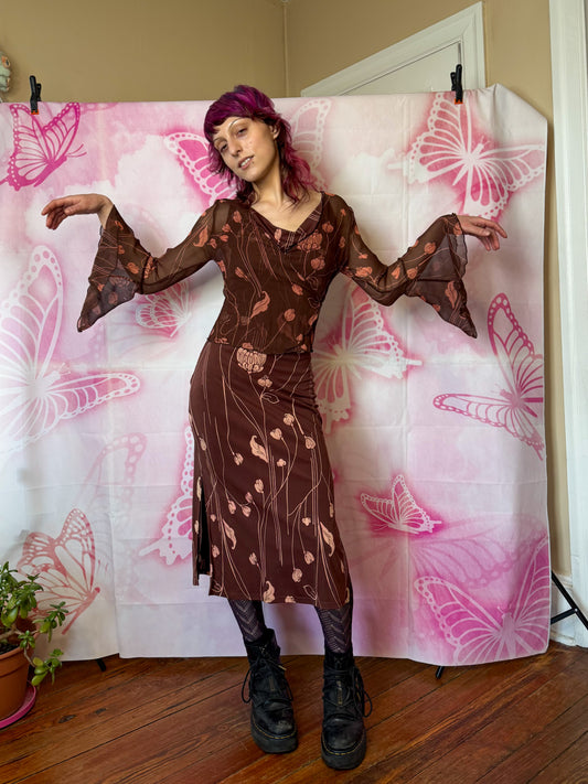 Y2K Art Nouveau Print Midi Dress Set w Sheer Bell Sleeve Wrap Top by Guess Collection