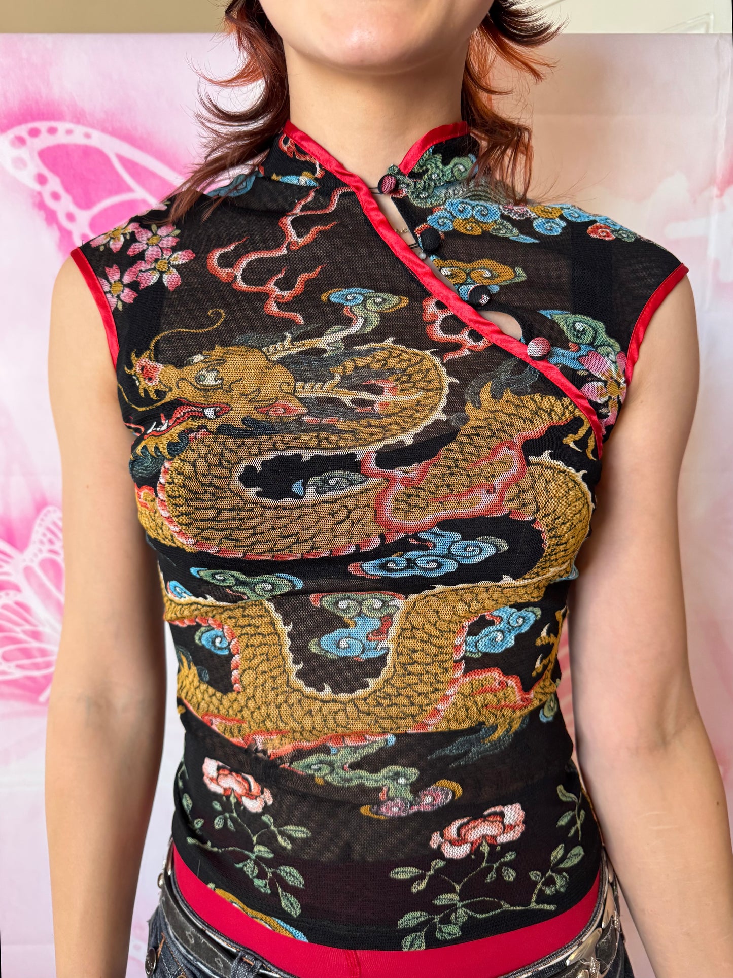 Y2K Mesh Dragon Fitted Top