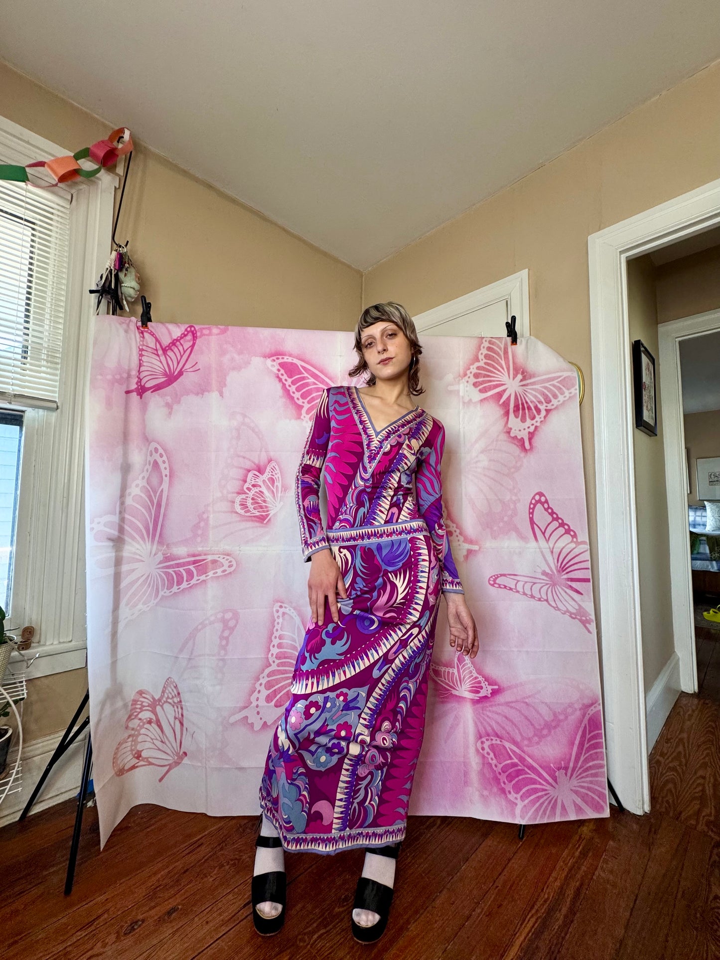 1960s Emilio Pucci Art Nouveau Purple Print Drop Waist Maxi Dress
