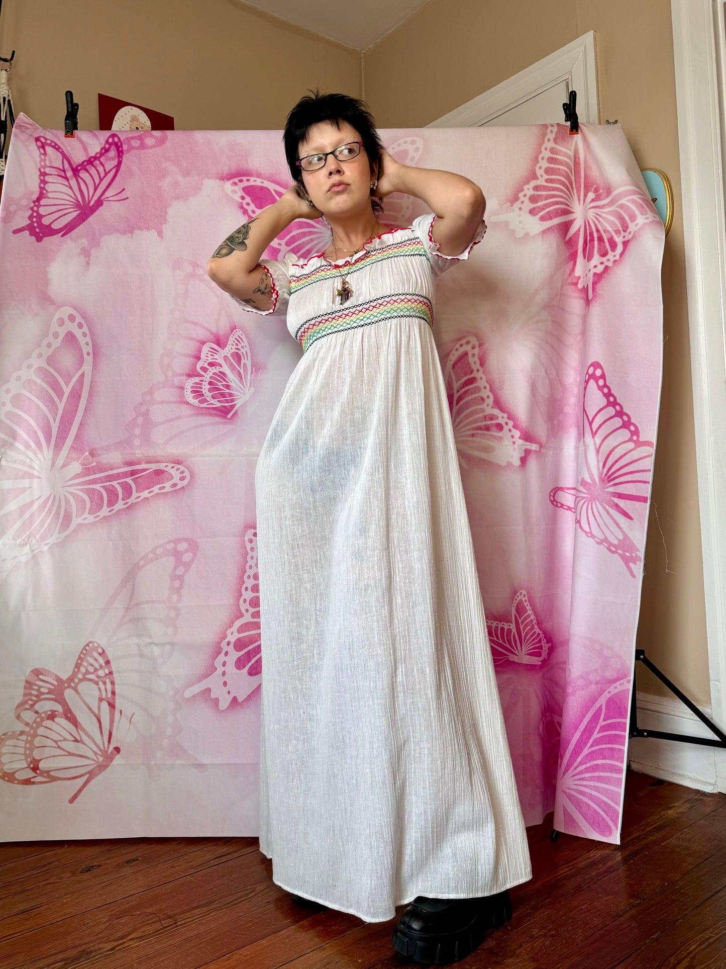 70s Cotton Gauze Peasant Maxi Dress