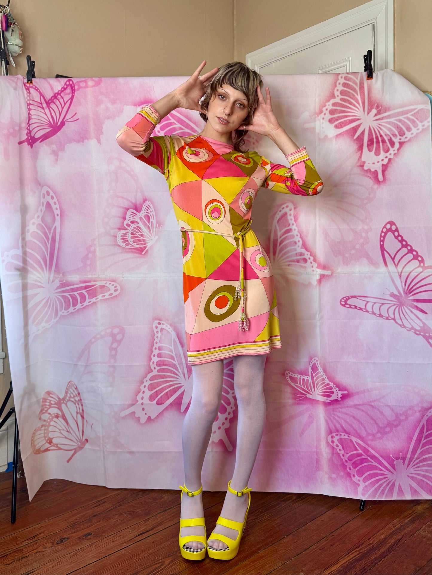 εϊз COMING SOON εϊз 1960s Emilio Pucci Geometric Circle Print Silk Jersey Shift Dress w Cord Crystal Belt