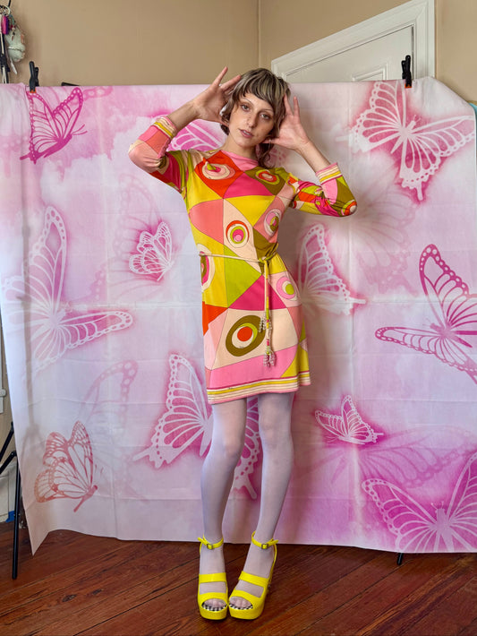 εϊз COMING SOON εϊз 1960s Emilio Pucci Geometric Circle Print Silk Jersey Shift Dress w Cord Crystal Belt
