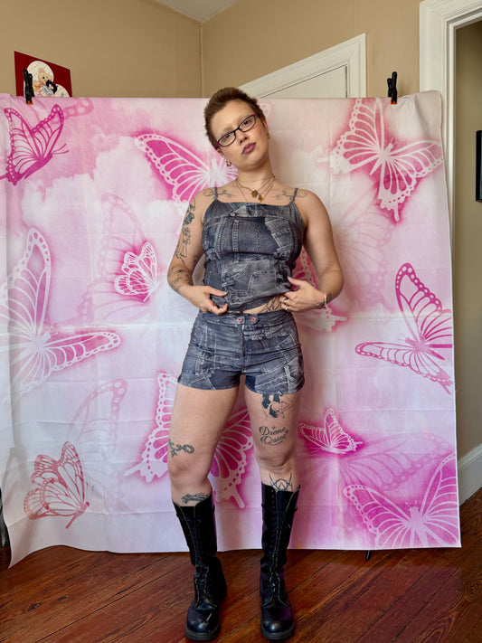Y2K Denim Print 2 Piece Shorts Set