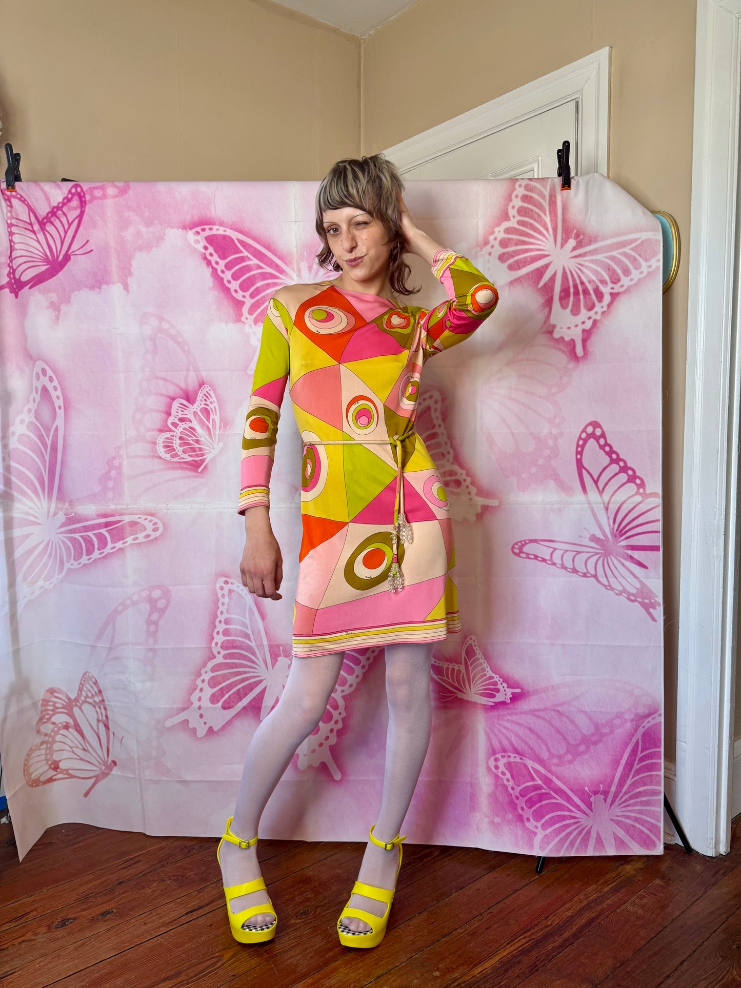 εϊз COMING SOON εϊз 1960s Emilio Pucci Geometric Circle Print Silk Jersey Shift Dress w Cord Crystal Belt