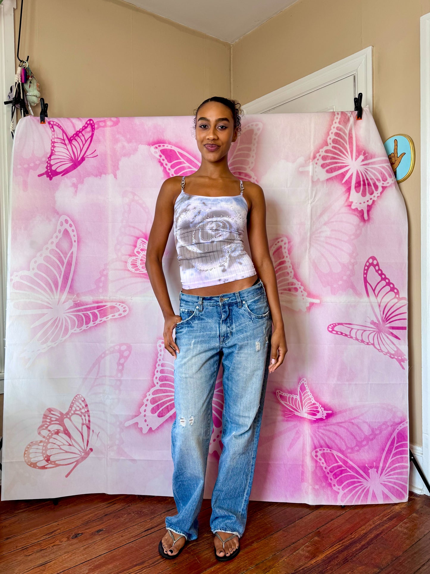 Y2K Deadstock Beadazzled Rose Cami in Ice