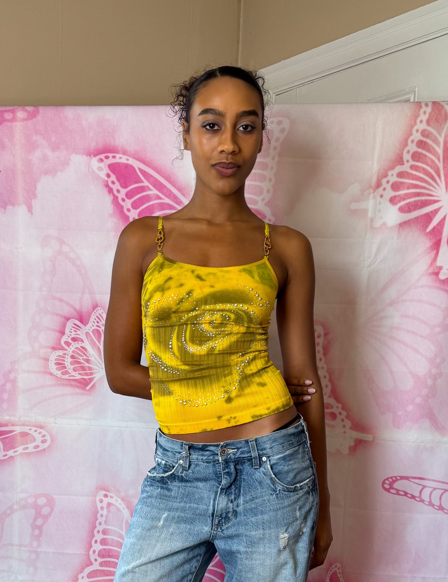 Y2K Deadstock Beadazzled Rose Cami in Yellow