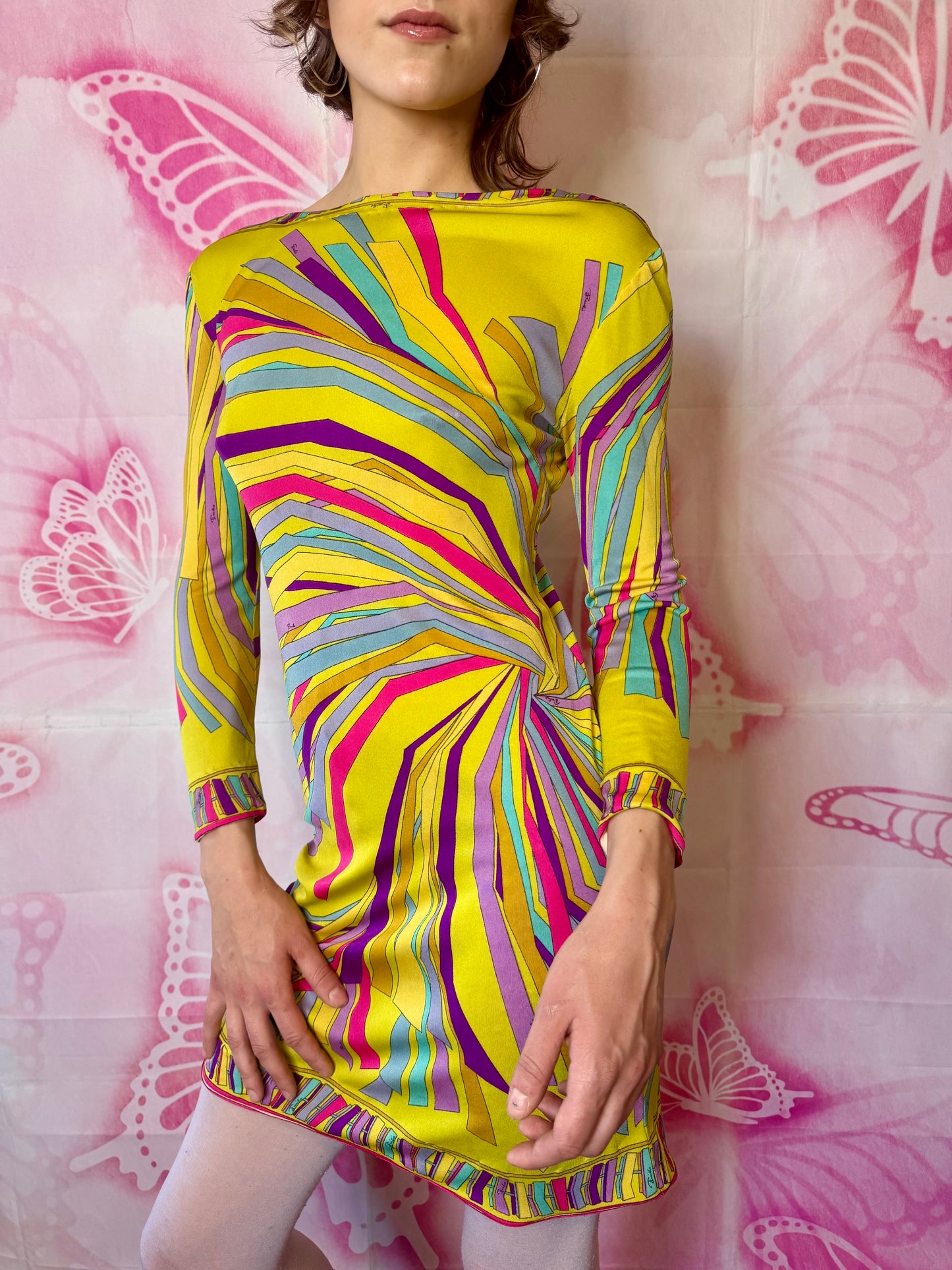 εϊз COMING SOON εϊз 1960s Emilio Pucci Citrine Pinwheel Print Silk Jersey Shift Dress