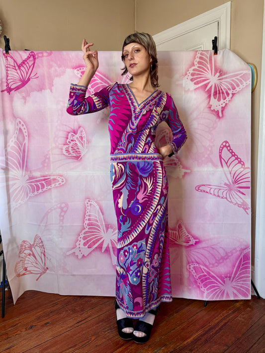 1960s Emilio Pucci Art Nouveau Purple Print Drop Waist Maxi Dress
