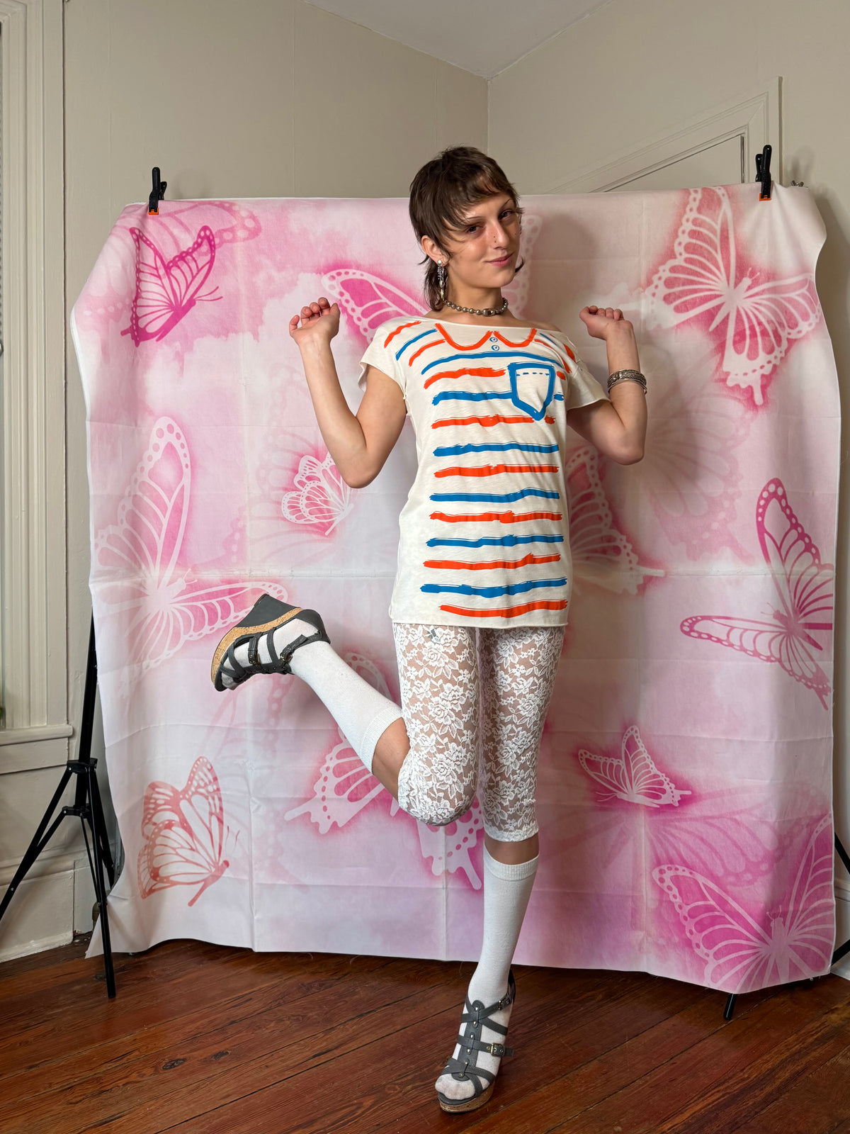 2010s Vintage-Inspired Trompe-L'œil Striped Graphic Tee by Junk Food
