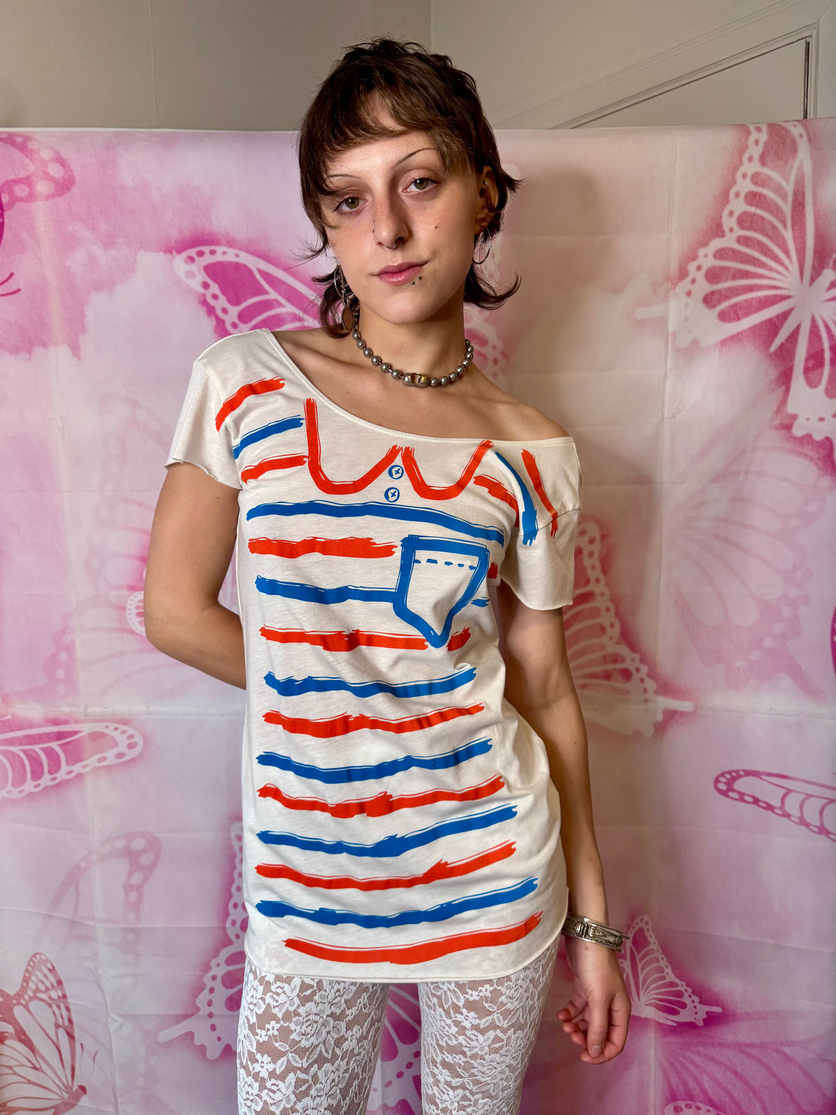 2010s Vintage-Inspired Trompe-L'œil Striped Graphic Tee by Junk Food