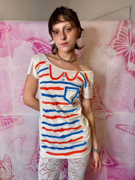 2010s Vintage-Inspired Trompe-L'œil Striped Graphic Tee by Junk Food