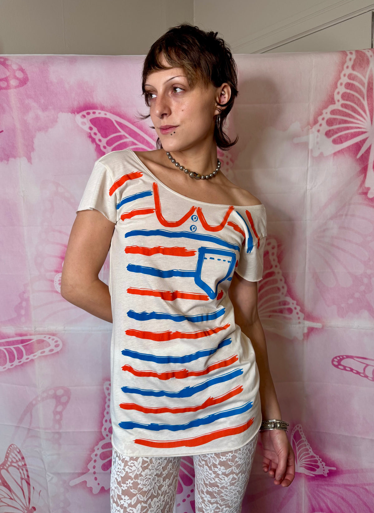 2010s Vintage-Inspired Trompe-L'œil Striped Graphic Tee by Junk Food