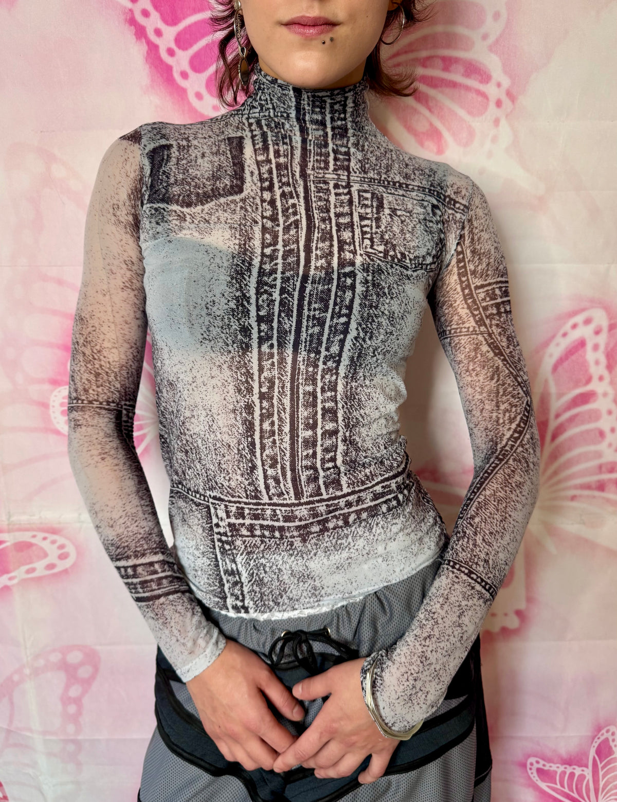 2021 Acne Studios Mock-Neck Long-Sleeve Mesh/ Nylon Top