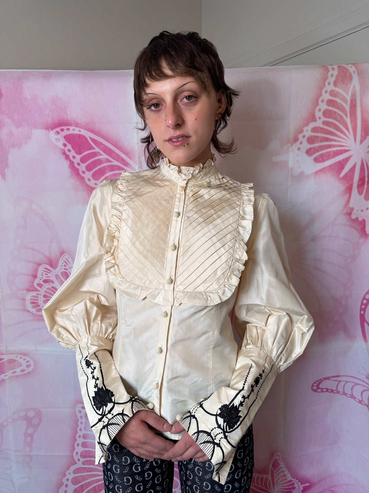 90s Bill Blass New York Edwardian Style Button Blouse