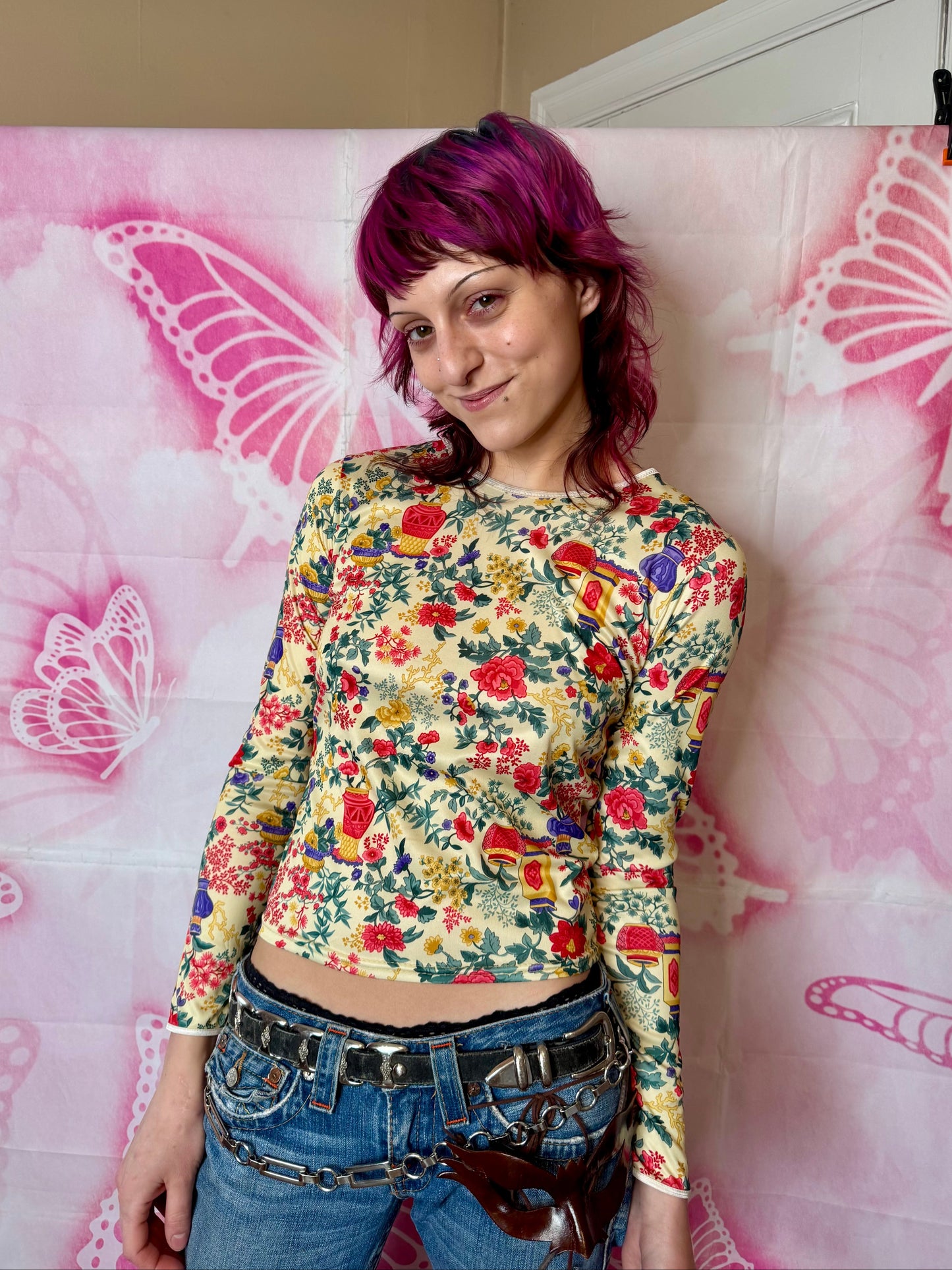 90s Vase & Foliage Motif All Over Print Top