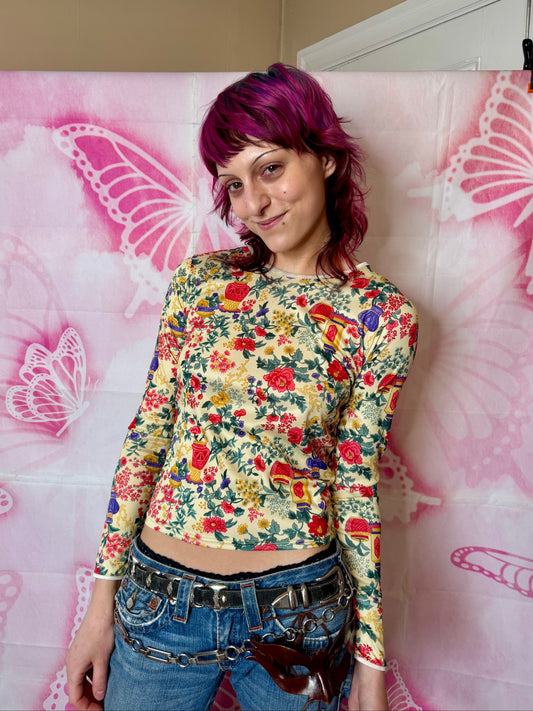 90s Vase & Foliage Motif All Over Print Top