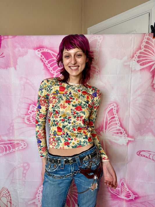 90s Vase & Foliage Motif All Over Print Top
