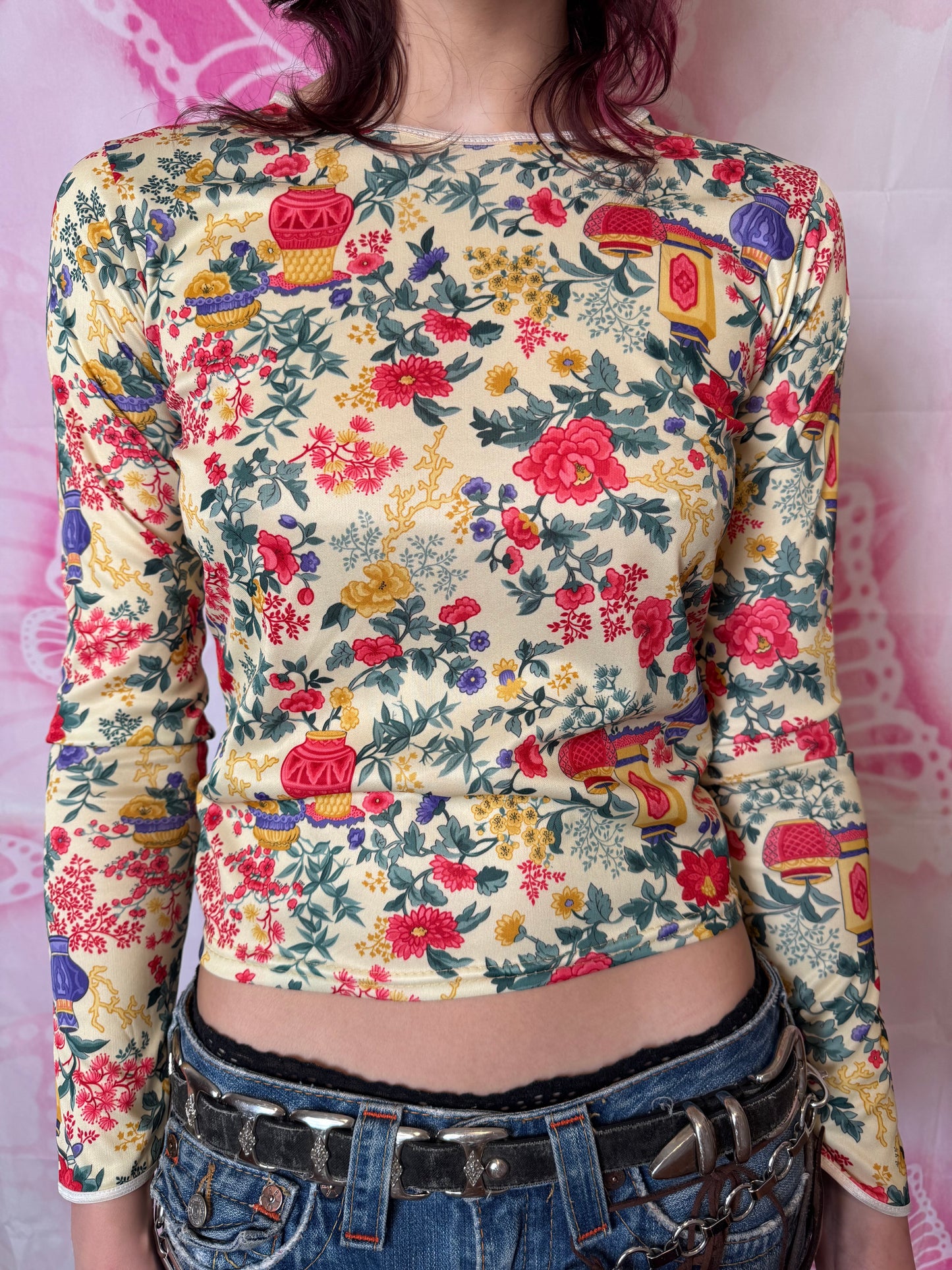 90s Vase & Foliage Motif All Over Print Top