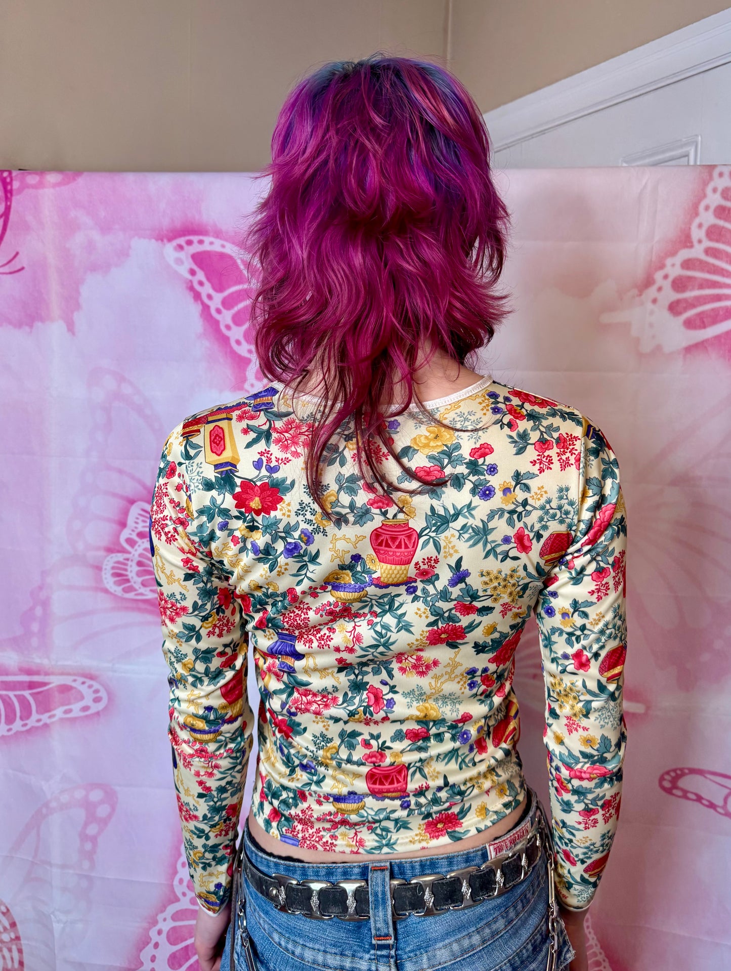 90s Vase & Foliage Motif All Over Print Top