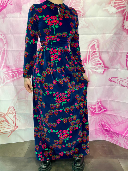 70s Neon Floral Velvet Maxi Dress