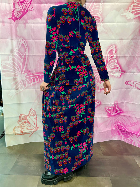 70s Neon Floral Velvet Maxi Dress