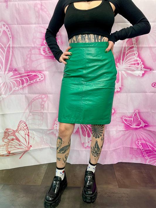 90s Emerald Leather Pencil Skirt